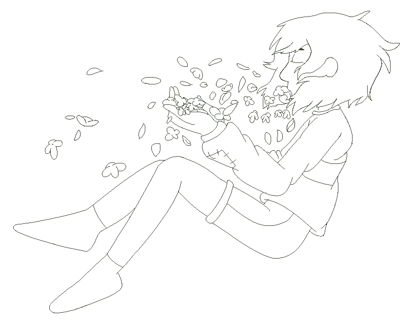chara dreemurr from undertale floating.  they're shown in profile and are holding buttercup flowers while some petals rest lazily on their face, some of which rest in their mouth.